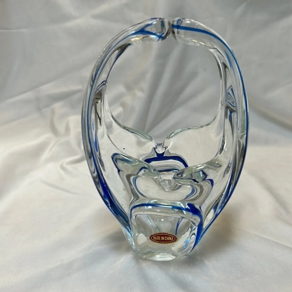 Art Glass Deco Clear with Blue Ribbon Split Handle Pinched Basket